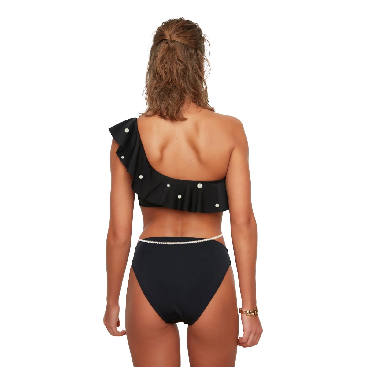 İncili Siyah Tek Kol Bikini Takımı Bel İncili
