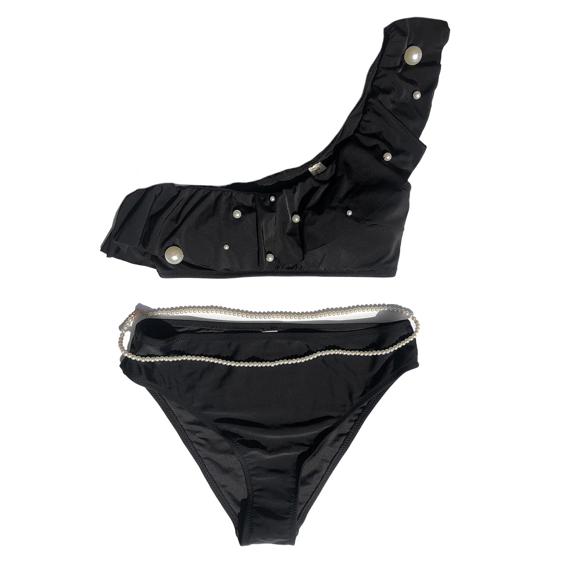 İncili Siyah Tek Kol Bikini Takımı Bel İncili